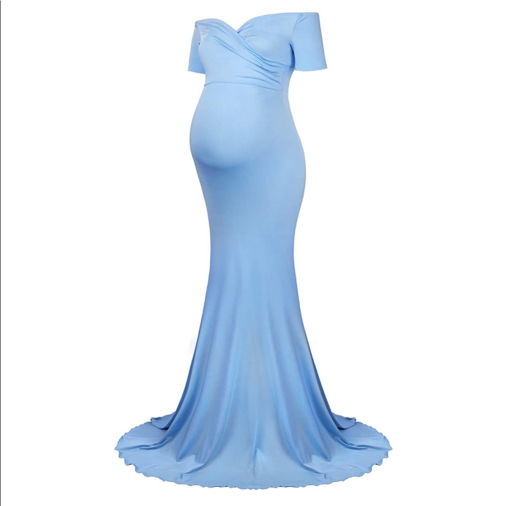 Maternity Long Dress Off Shoulder Fitted Gown - light blue - size small
